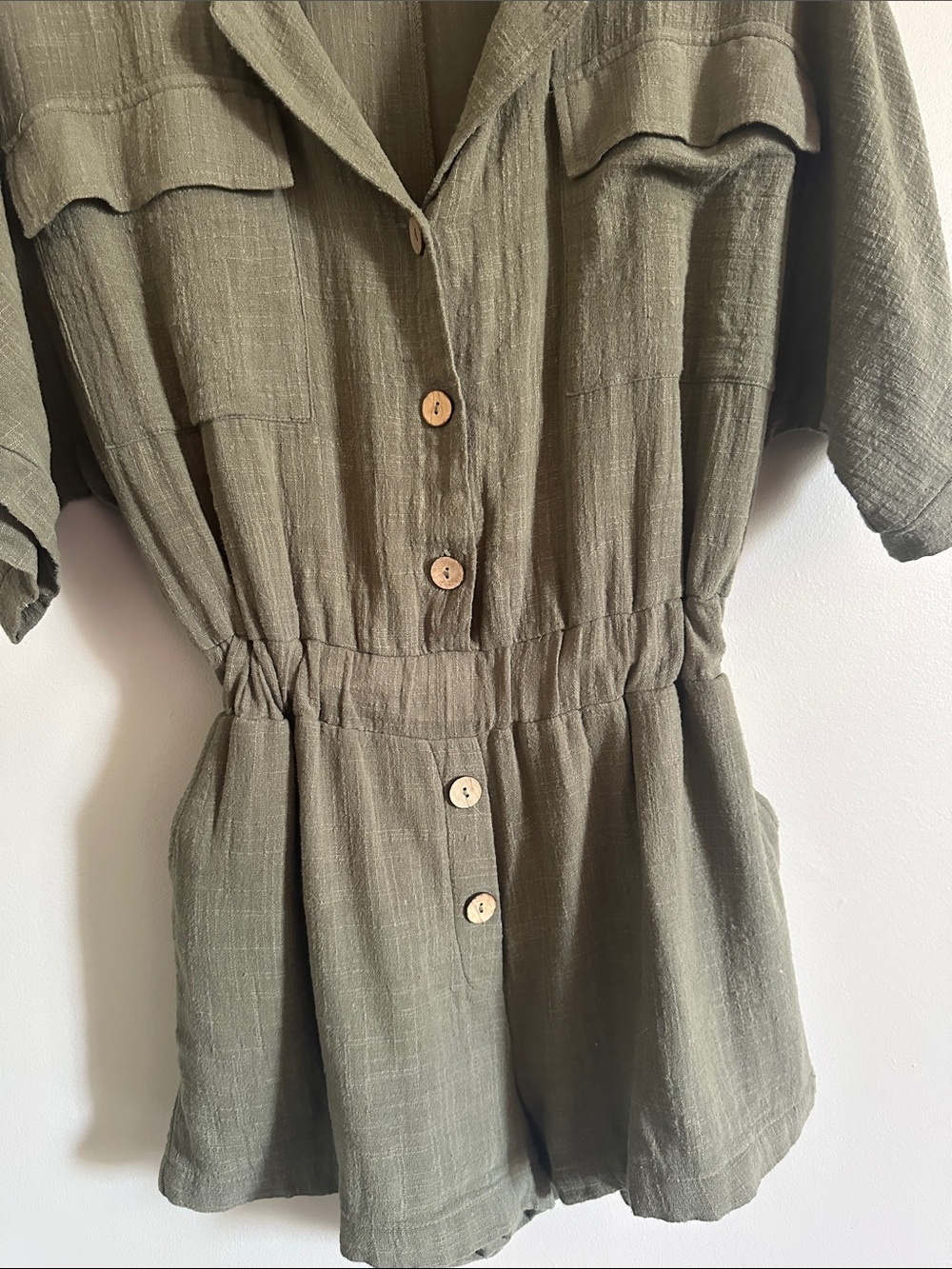 Olive Green Utility Button Front Romper Short Sleeve Casual Jumpsuit - Picture 10 of 12